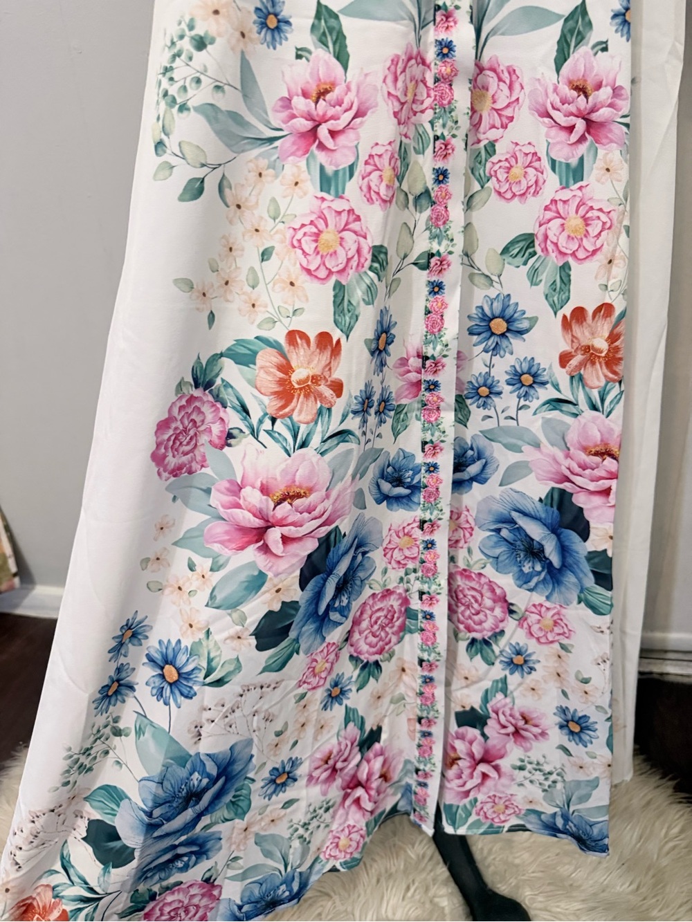 Floral-Embroidered White Maxi Dress with Pink & Blue Accents - Picture 4 of 14